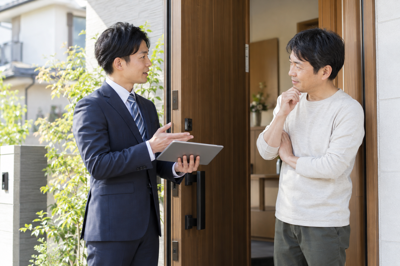 玄関先で住まいの相談に応じる訪問販売の担当者